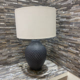 Diamond Quilted Patterned Glass Base w/ Linen Drum Shade TABLE LAMP Grey / White 15Wx26