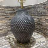 Diamond Quilted Patterned Glass Base w/ Linen Drum Shade TABLE LAMP Grey / White 15Wx26