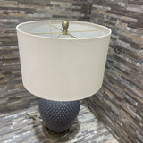 Diamond Quilted Patterned Glass Base w/ Linen Drum Shade TABLE LAMP Grey / White 15Wx26