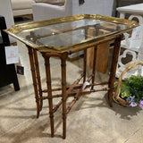 Baker Funiture Vintage Brittish Colonial Style w/ Bamboo Base & Removable Brass Framed Glass Tray Top SIDE TABLE 29Wx20Dx26H