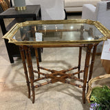 Baker Funiture Vintage Brittish Colonial Style w/ Bamboo Base & Removable Brass Framed Glass Tray Top SIDE TABLE 29Wx20Dx26H