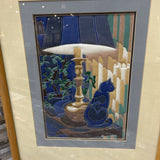 Framed Needlepoint Cat Under Lamp Scene ART WORK 17x21