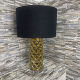 Gold Lattice Cylinder Base w/ Black Drum Shade TABLE LAMP 16Wx28H