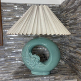 Vintage 80s Deco Stylized Ceramic Ring Base w/ Pleated Accordion Shade TABLE LAMP Aqua 26Wx29H