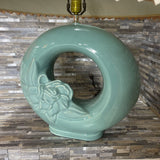 Vintage 80s Deco Stylized Ceramic Ring Base w/ Pleated Accordion Shade TABLE LAMP Aqua 26Wx29H
