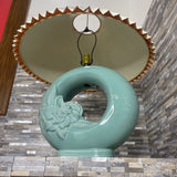 Vintage 80s Deco Stylized Ceramic Ring Base w/ Pleated Accordion Shade TABLE LAMP Aqua 26Wx29H