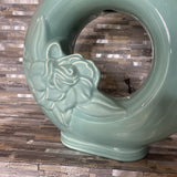 Vintage 80s Deco Stylized Ceramic Ring Base w/ Pleated Accordion Shade TABLE LAMP Aqua 26Wx29H