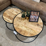 2pc Set Round Wood & Iron Nesting COFFEE/COCKTAIL TABLE 30Wx18H largest