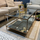 Rectangular Tiered Brass & Glass w/ Mirrored Lower Shelf COFFEE/COCKTAIL TABLE 42w24d18h